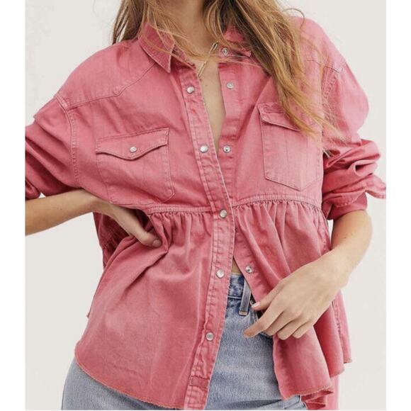 We The Free‎ FP Dylan Babydoll Peplum Shirt Jacket Ruffles Top Pink Size M - Picture 1 of 9